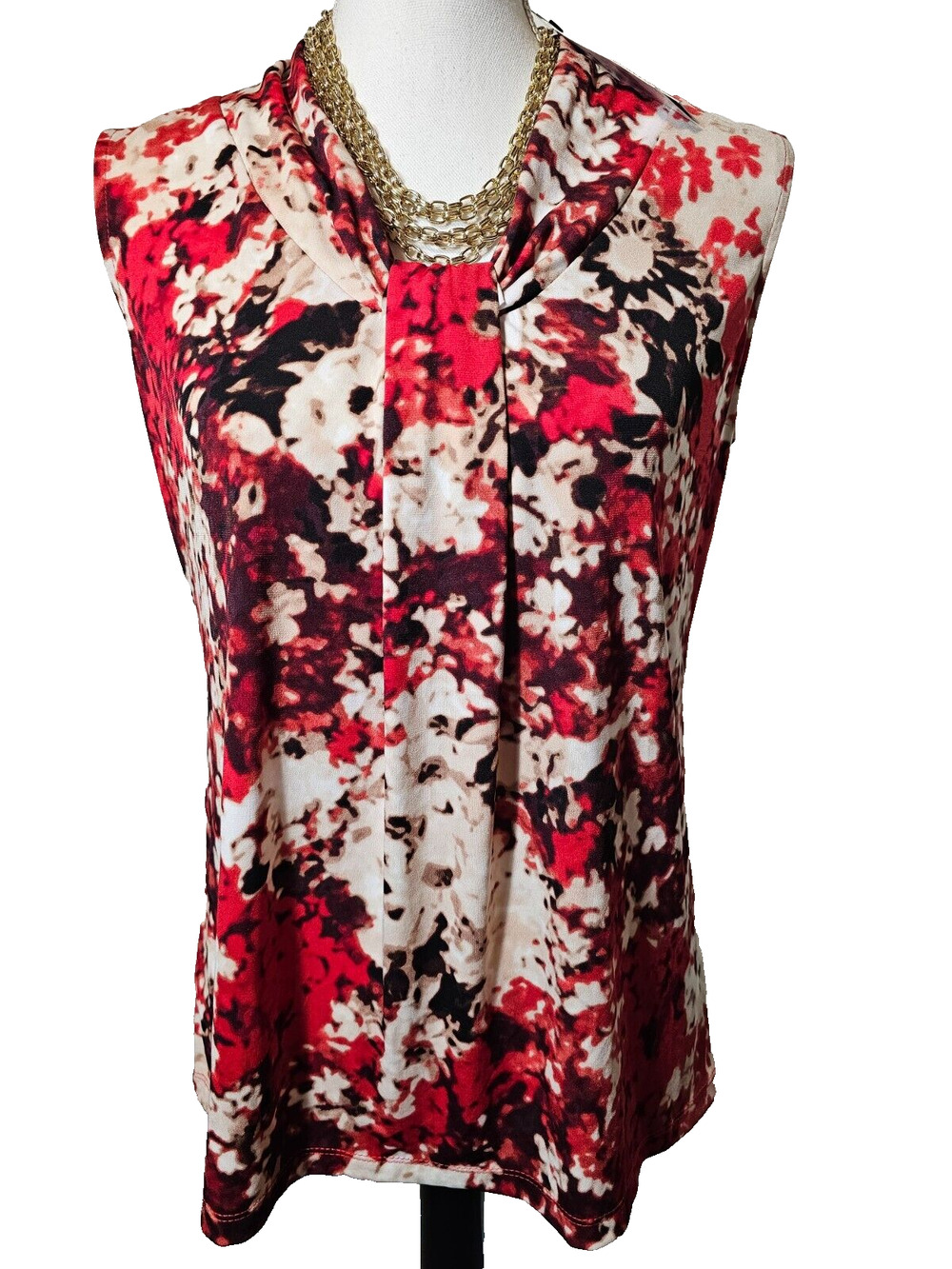 NWT Dana Buchman Red White Sleeveless V Neck Easy Care Career Casual Tank Top S
